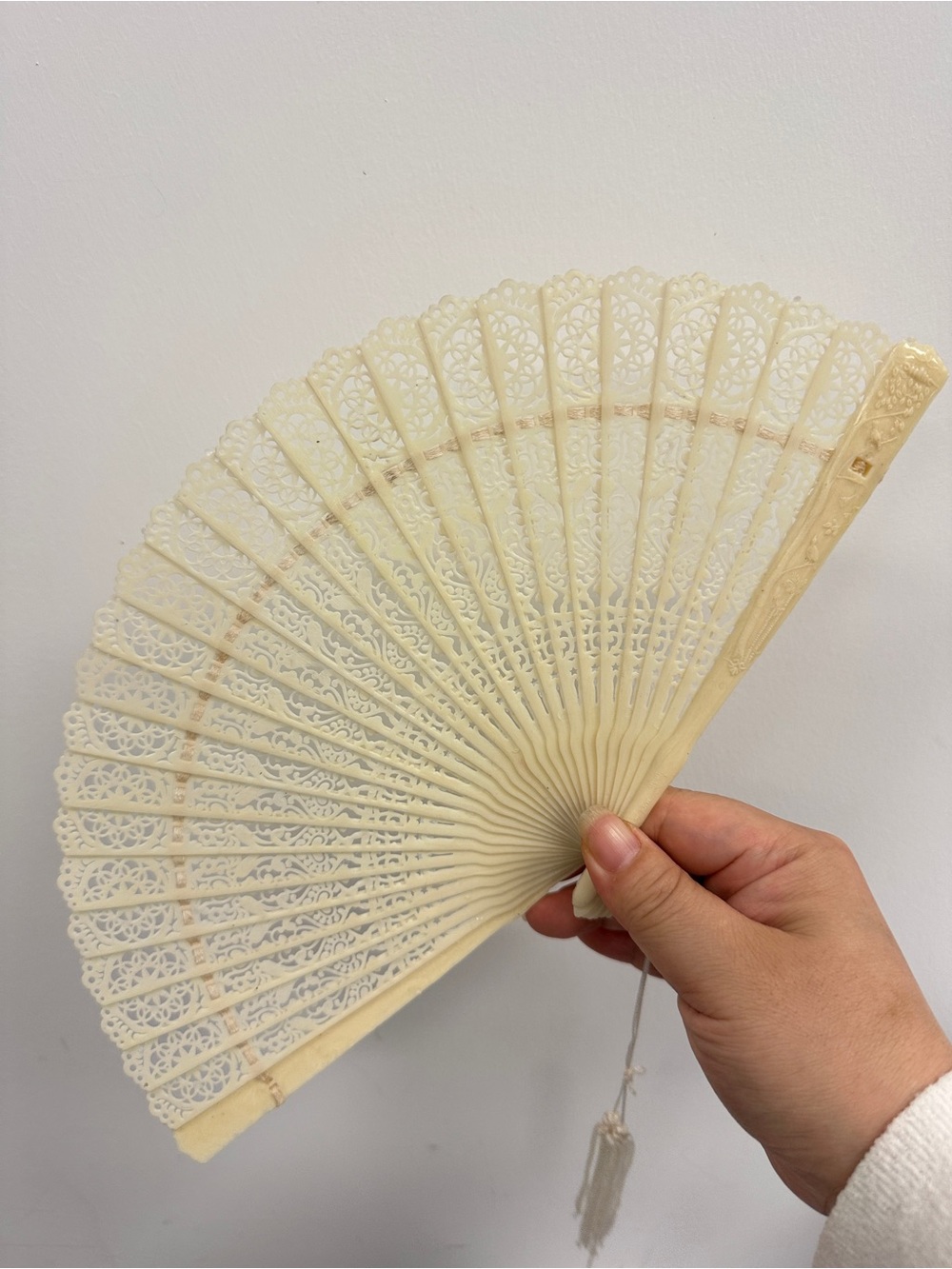 Vintage Celluloid Off White Pierced Lace Asian Folding Fan 8"